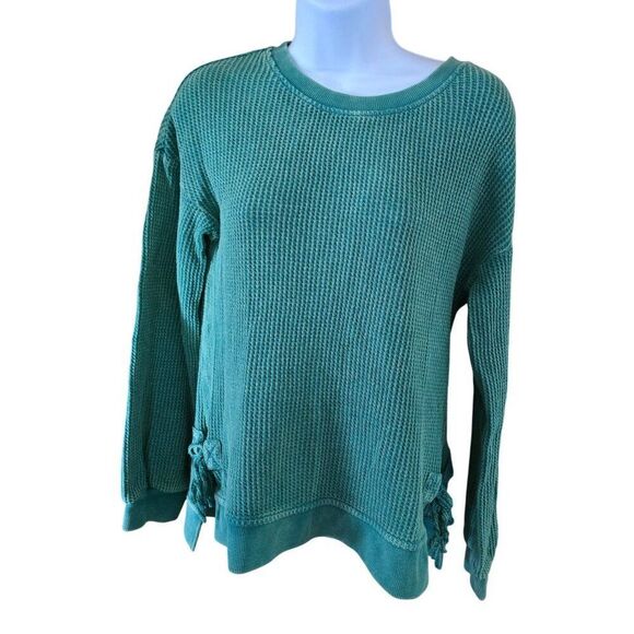 Saturday/Sunday Teal Textured Long Sleeve Pullover Top Side Ties cottagecore - Picture 1 of 6